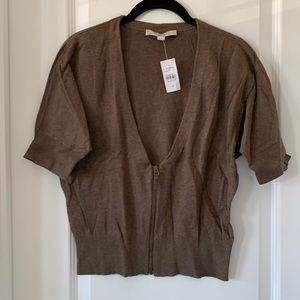 NWT LOFT Brown 100% Pima Cotton Short Sleeves Knit Deep V-neck Zipper Top Size S